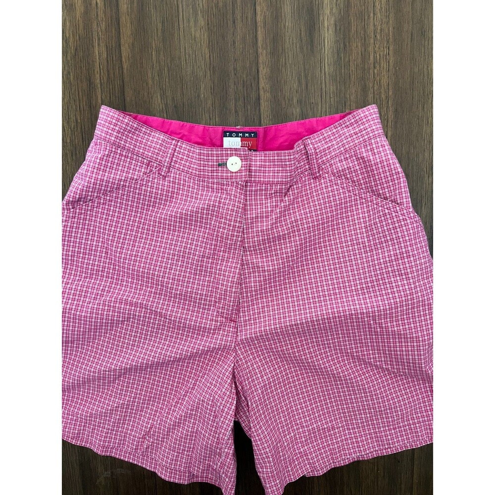 Tommy Hilfiger Womens Chino Shorts 8 pink white plaid stripe 6" inseam 1551